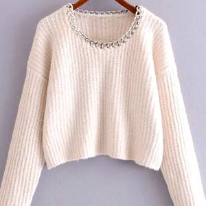 Zara white crop sweater with chain detail